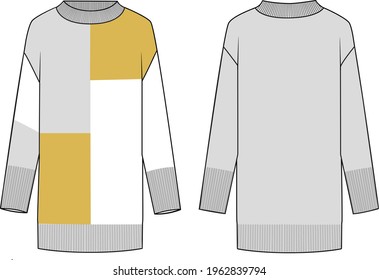 Women's Mock Neck, Colour-block Tunic. Tunic technical fashion illustration. Flat apparel tunic template front and back, colored. Women's CAD mock-up.