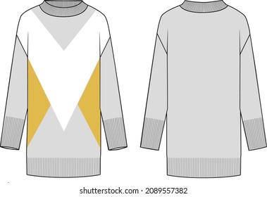 Women's Mock Neck, Colour-block Tunic. Tunic technical fashion illustration. Flat apparel tunic template front and back, colored. Women's CAD mock-up.