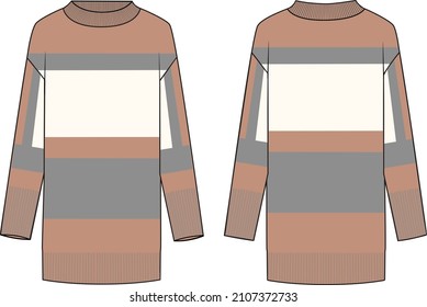 Women's Mock Neck, Colour-block Tunic. Tunic technical fashion illustration. Flat apparel tunic template front and back, colored. Women's CAD mock-up.