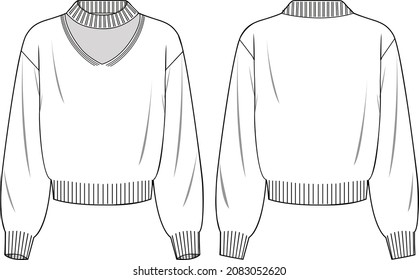 Cuello de malla de las mujeres, sudadera de corte - ilustración de moda técnica de suéter. Plantilla de suéter de prendas planas, frontal y posterior, de color blanco. Burla de CAD de mujeres.