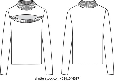 Women's Mock Neck Cut Out Knit Sweater- Sweater technical fashion illustration. Flat apparel sweater template front and back, white colour. Women's CAD mock-up.