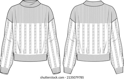 Women's Mock Neck Half Cable Sweater- Sweater technical fashion illustration. Flat apparel sweater template front and back, white colour. Women's CAD mock-up.