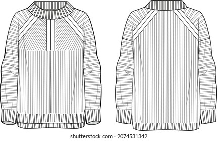 Women's Mock Neck, High Low and Stitch Step Sweater- Sweater technical fashion illustration. Flat apparel sweater template front and back, white colour. Unisex CAD mock-up.