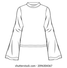 womens mock neck long flare sleeve t shirt fashion flat sketch vector illustration template. CAD mockup