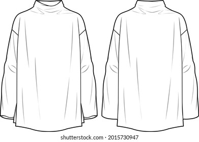 Women's Mock Neck, Loose top. Jersey top technical fashion illustration. Flat apparel top template front and back, white colour. Unisex CAD mock-up.