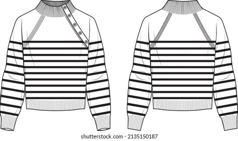 Women's Mock Neck Raglan Sleeve Button Detail Nautical Striped Sweater- Sweater technical fashion illustration. Flat apparel sweater template front and back, white colour. Women's CAD mock-up.