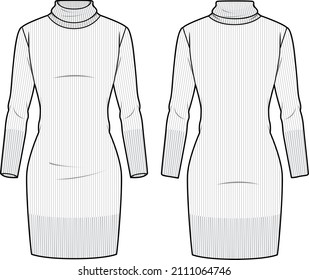 Women's Mock Neck Ribbed Knit Dress. Dress technical fashion illustration. Flat apparel dress template front and back, white colour. Women's CAD mock-up.