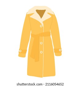 Women's modern yellow coat. Women's trendy winter clothing. Female outerwear. Flat cartoon vector illustration isolated on white background