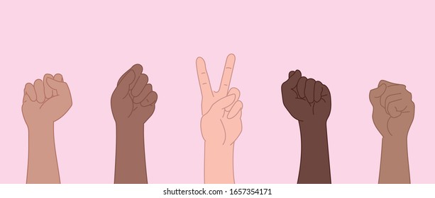 Women's Month Art. Fist And V-sign In The Air. Diverse Feminist Vector Artwork On Pink Background.