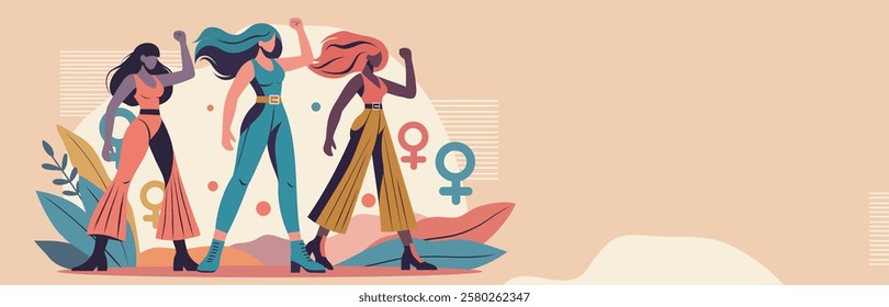 Women's month. Women's day. Equality day. Different women, different cultures and skin colors stand together and look forward. Feminism. Gender equality and women's empowerment. Vector banner