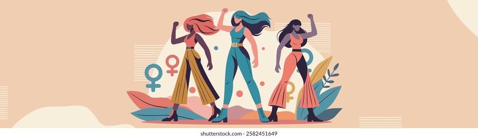 Women's month. Equality day. Women's day. Different women, different cultures and skin colors stand together and look forward. Feminism. Gender equality and women's empowerment. Vector banner