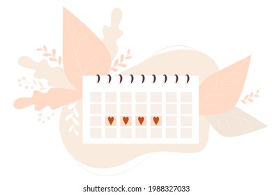 Womens Monthly Menstruation Calendar On A Decorative Background Of Leaves. Vector Illustration. Menstruation And Female Health Concept