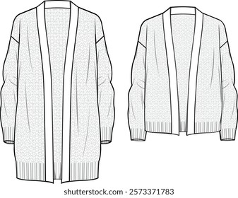 Women's Moss Stitch Edge to Edge Cardigan- Technical fashion illustration. Front, white color. CAD mock-up.