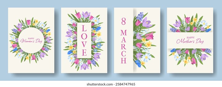 Women's and Mothers Day Greeting Card or Banner Set with Flat Flowers. Vector Valentine's Day, 8 March International Holiday Templates for Poster, Cover, Label, Sales. Hello Spring Flowers.