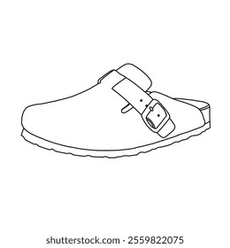 Women's Mules Arch Support Potato Shoes with Comfort Cork Footbed Line art, Technical sketch hand drawing outline vector doodle side view isolated on white background for coloring page