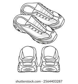 Women's Mules Backless Loafer Slip On Model Shoes Line art, Technical sketch hand drawing outline vector doodle top isometric and rear view isolated on white background for coloring page