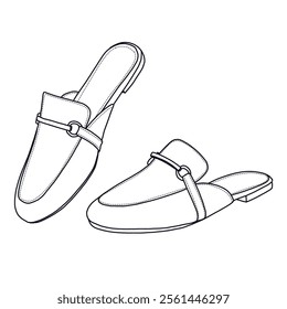 Women's Mules Buckle Flats Comfortable Slip on shoes Line art, Technical sketch hand drawing outline vector doodle side 3D isometric view isolated on white background for coloring page