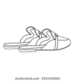 Women's Mules Buckle Flats Comfortable Slip on shoes Line art, Technical sketch hand drawing outline vector doodle rear view isolated on white background for coloring page