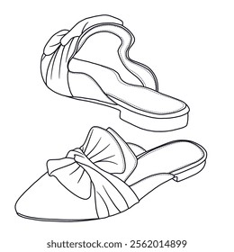 Women's Mules Comfortable Pointed Toe Mules Flats Backless Loafers with Knot shoes Line art, Technical sketch hand drawing outline vector doodle rear and front view isolated on white background