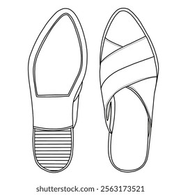 Women's Mules Comfortable shoes Line art, Technical sketch hand drawing outline vector doodle top and bottom view isolated on white background for coloring page