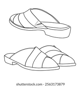 Women's Mules Comfortable shoes Line art, Technical sketch hand drawing outline vector doodle 3D isometric rear and front view isolated on white background for coloring page