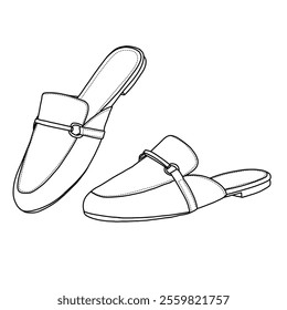 Women's Mules Flats Buckle Flats Comfortable Slip on Shoes Line art, Technical sketch hand drawing outline vector doodle front and side view isolated on white background for coloring page