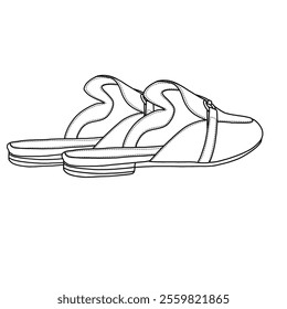 Women's Mules Flats Buckle Flats Comfortable Slip on Shoes Line art, Technical sketch hand drawing outline vector doodle rear view isolated on white background for coloring page