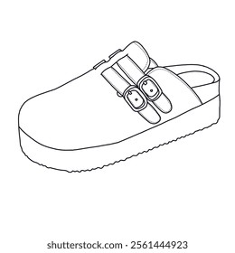 Women's Mules Heeled Memory Foam Shoes Line art, Technical sketch hand drawing outline vector doodle Side 3D Isometric view isolated on white background for coloring page