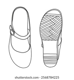 Women's Mules Low Heeled Sandals Breathable Backless shoes line art, Technical sketch hand drawing outline vector doodle top and bottom view isolated on white background for coloring page