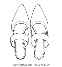 Women's Mules Medium Heeled Sandals with pointed toe shoes line art, Technical sketch hand drawing outline vector doodle top view isolated on white background for coloring page