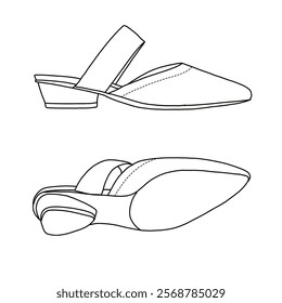 Women's Mules Medium Heeled Sandals with pointed toe shoes line art, Technical sketch hand drawing outline vector doodle side and bottom view isolated on white background for coloring page