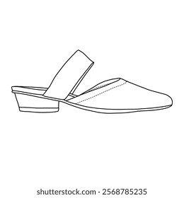 Women's Mules Medium Heeled Sandals with pointed toe shoes line art, Technical sketch hand drawing outline vector doodle side view isolated on white background for coloring page