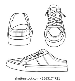 Women's Mules Memory Foam Clipper Fashion Sneakers Slip-On Shoes Line art, Technical sketch hand drawing outline vector doodle various view isolated on white background for coloring page