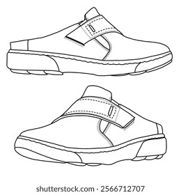 Women's mules slip on shoes Line art, Technical sketch hand drawing outline vector doodle side view isolated on white background for coloring page