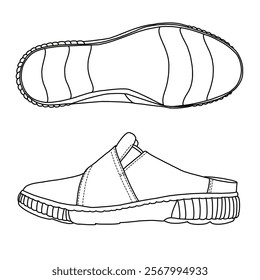 Women's mules slip on shoes Line art, Technical sketch hand drawing outline vector doodle side and bottom view isolated on white background for coloring page