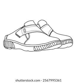 Women's mules slip on shoes Line art, Technical sketch hand drawing outline vector doodle side isometric view isolated on white background for coloring page