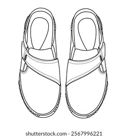 Women's mules slip on shoes Line art, Technical sketch hand drawing outline vector doodle top view isolated on white background for coloring page