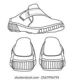 Women's mules slip on shoes Line art, Technical sketch hand drawing outline vector doodle side and rear view isolated on white background for coloring page