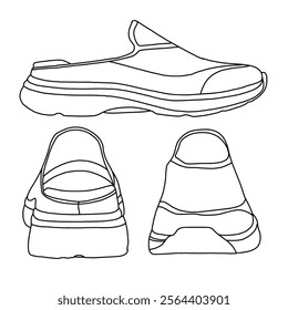 Women's Mules Slip on Sneakers Knit Flats Comfortable Walking Shoes Line art, Technical sketch hand drawing outline vector doodle various view isolated on white background for coloring page