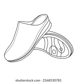 Women's Mules Slip-on: Closed Toe shoes line art, Technical sketch hand drawing outline vector doodle side and bottom view isolated on white background for coloring page