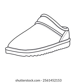 Women's Mules Slip-On House Slippers with Memory Foam and Faux Shearling shoes Line art, Technical sketch hand drawing outline vector doodle Side view isolated on white background for coloring page