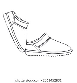 Women's Mules Slip-On House Slippers with Memory Foam and Faux Shearling shoes Line art, Technical sketch hand drawing outline vector doodle Side view isolated on white background for coloring page