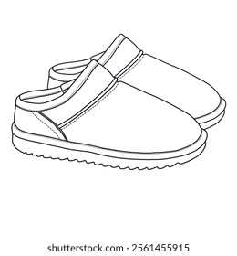 Women's Mules Slip-On House Slippers with Memory Foam and Faux Shearling shoes Line art, Technical sketch hand drawing outline vector doodle side view isolated on white background for coloring page