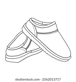 Women's Mules Slip-On House Slippers with Memory Foam shoes Line art, Technical sketch hand drawing outline vector doodle rear and side view isolated on white background for coloring page