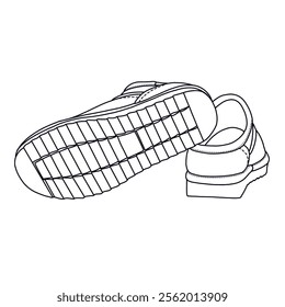 Women's Mules Slip-On House Slippers with Memory Foam shoes Line art, Technical sketch hand drawing outline vector doodle rear and bottom view isolated on white background for coloring page