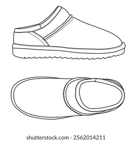 Women's Mules Slip-On House Slippers with Memory Foam shoes Line art, Technical sketch hand drawing outline vector doodle top and side view isolated on white background for coloring page