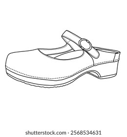 Women's Mules Slip-On  Memory Foam and Arch Support shoes line art, Technical sketch hand drawing outline vector doodle side isometric 3D view isolated on white background for coloring page