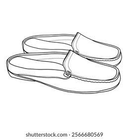 Women's Mules Slipper Loafer Shoes Line art, Technical sketch hand drawing outline vector doodle side view isolated on white background for coloring page