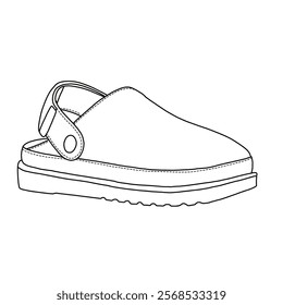 Women's Mules Slippers Slip on Adjustable shoes line art, Technical sketch hand drawing outline vector doodle isometric 3D view isolated on white background for coloring page