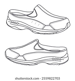 Women's Mules travel sport shoes Line art, Technical sketch hand drawing outline vector doodle side view isolated on white background for coloring page